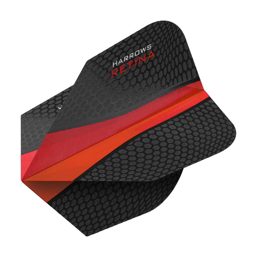 Das Bild zeigt das Produkt "Harrows Retina Rot No6 Flights". Die Darts-Flights sind schwarz mit einem roten Streifen und einem wabenartigen Muster gestaltet.